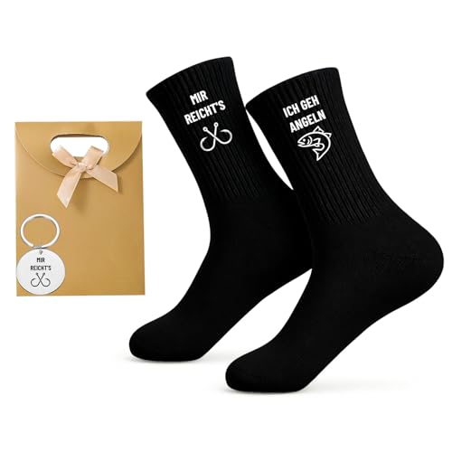 Snyvpra Angler Geschenk set – Angel Socken Herren mit, Ich geh angeln, Mir reicht’s + Angler Schlüsselanhänger + Geschenktasche, Geschenke für Männer, oder Geburtstagsgeschenk