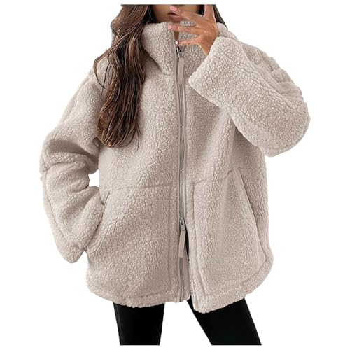 Winterjacke Fleecemantel Übergangsjacke,Teddyjacke Damen Winter Teddyfleece Jacke Doppelschieber Reißverschluss Winterjacke Thermal Teddy Wintermantel Einfarbig Fleecejacke Plüschjacke Beige XL