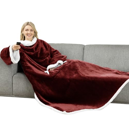 Winthome Kuscheldecke mit Ärmeln Dick, Wolldecke Warm Winter, Sherpa Decke mit Tasche, Fleecedecke Weich Kuschelig, Ärmeldecke für Erwachsene, Geschenke, Sofadecke Heizkosten Sparen(Weinrot,140x180cm)