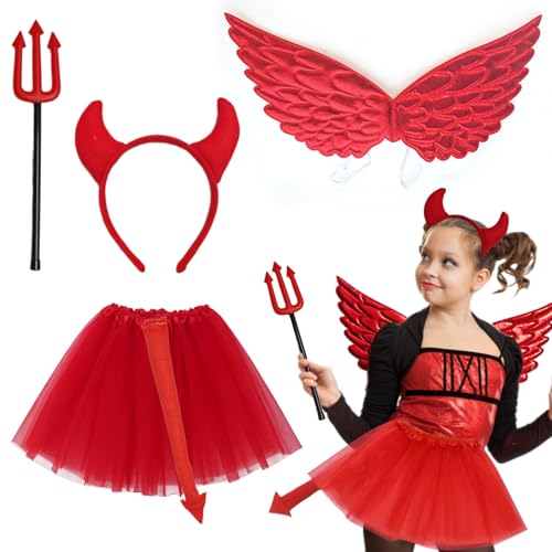 Teufel Kostüm Kinder 5-Teiliges Set, Teufel Flügel Rot, Teufel Kleid, Halloween Teufelshörner, Dreizack Teufel, Teufelsschwanz, für Masquerade Mottoparty für Mädchen von 6 bis 14 Jahren