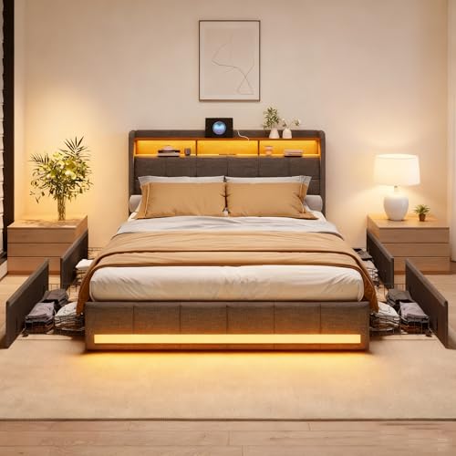 BRYXR Boxspringbett 140x200 mit Lattenrost，Stilvolles Polsterbett mit Stauraum, 4 Schubladen, Individueller LED-Beleuchtung, USB und Typ-C-Anschlüssen, Modernes Graues Design für optimalen Komfort