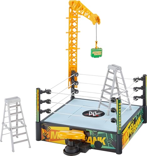 Mattel WWE Money in The Bank Cash-in Ring Spielset mit 2 Spielmodi & 40+ Sounds & Sätzen, inklusive Launcher Kran, Leitern & Aktentasche, 33 x 50 cm