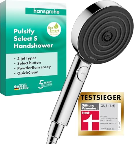 hansgrohe Pulsify Select S -wassersparender Duschkopf 6,9 l/min (EcoSmart), Handbrause mit 3 Strahlarten (Relaxation Version), Duschbrause (105mm), Sparduschkopf mit Antikalk-Funktion, Chrom, 24111000
