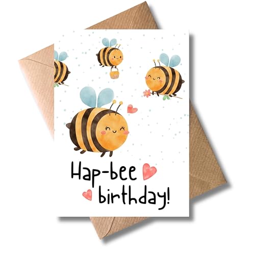 WBdesignz Geburtstag Karte mit Umschlag - Geburtstagskarte “Hap-bee birthday” Bienen Herzen Wortspiel Glückwunschkarte Geschenkkarte zum Geburtstag Geburtstagsgruß (DIN A6)