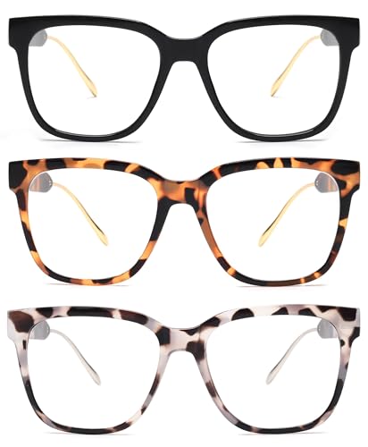 JM 3 Pack Klassische Quadratische Lesebrille für Damen Herren, Mode übergroße Blaulichtfilter Brille mit Sehstärke +2.0