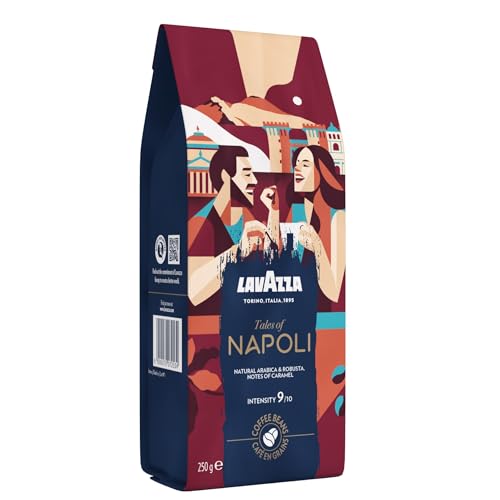 Lavazza, Tales of Napoli, Kaffeebohnen, Ideal für Espresso-Kaffeemaschinen, mit Aroma Noten von Kakao und Karamell, Arabica und Robusta, Intensität 9/10, Dunkel Röstgrad, 250 g
