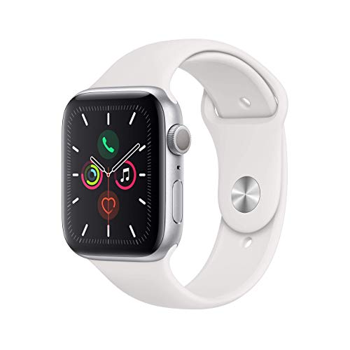 Apple Watch Series 5 44 mm (GPS) – Silberfarbenes Aluminiumgehäuse mit weißem Sportarmband (Renewed)
