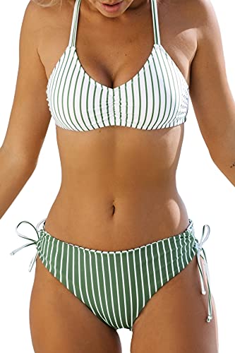 CUPSHE Damen Bikini Set mit Geflochtenen Trägern Streifen Bademode Reversible Bikinihose Zweiteiliger Badeanzug Mintgrün M