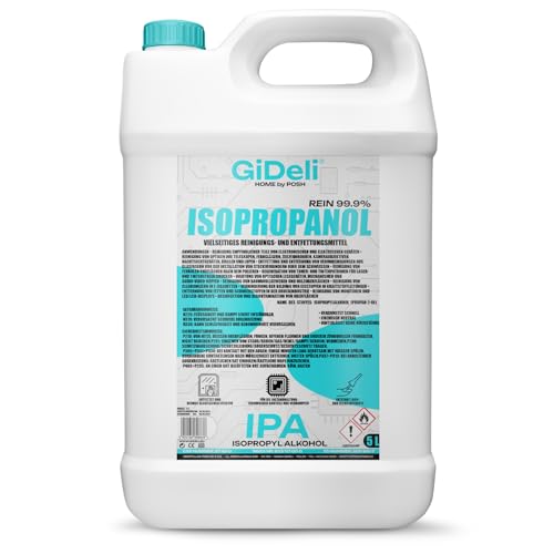 GiDeli Isopropanol 99,9% 5l - Isopropylalkohol Reiniger Hochprozentiger - Reinigungsalkohol für Elektronik, 3d Drucker zubehör, Glass, Bildschirmen und Linsen