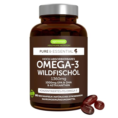 Igennus Hochwertigstes Omega-3 Wildfischöl & Astaxanthin, 180 Weichkapseln, Triglyceridform rTG, 1360mg, EPA 670 mg & DHA 330mg Omega-3 Fettsäuren, ultra rein; frei von Umweltgiften, Zitronengeschmack