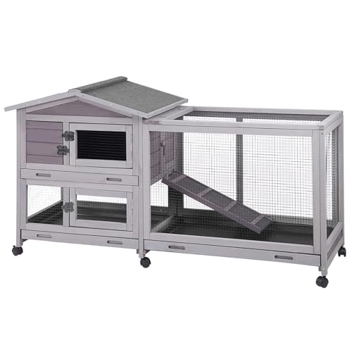 Aivituvin Hasenstall, Kaninchenstall für drinnen und draußen, Kaninchenkäfig auf Rädern, kleintierstall mit 3 tiefen, auslaufsicheren Ablagen, wasserdichtes Dach (Grau)
