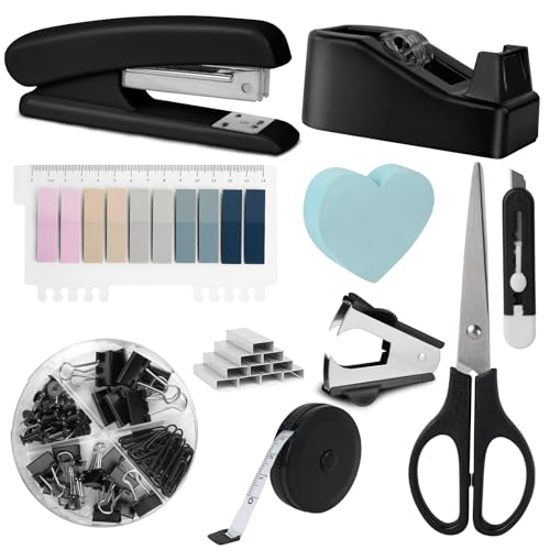 OFFCUP Büroartikel Set, Schreibtisch Set, Schreibtischzubehör 10 Kit mit Entklammerer, Heftklammern, Heftklammerentferner, Tesafilm Abroller, Schere, Bandmaß, Allzweckmesser, Clip, Haftnotizen-Schwarz
