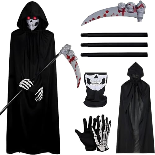 Sensenmann Kostüm,Grim Reaper Kostüm Erwachsene,Halloween Sensenmann Kostüm Set,Halloween kostüm Erwachsene sensenmann,Gruselige Hallo-ween kostüm,Hallo-ween Sense und Handschuhe Schädelmaske