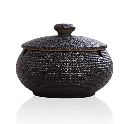 Lependor Aschenbecher aus Keramik mit Deckel, winddicht, Zigarettenaschenbecher für den Innen- oder Außenbereich , Aschenhalter für Raucher, Desktop-Aschenbecher für die Inneneinrichtung - Schwarz