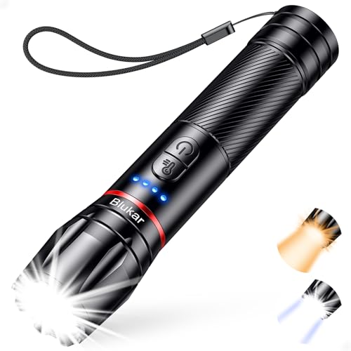 Blukar LED Taschenlampe 2 Farbtemperatur, Superhell Zoombar Taschenlampen Aufladbar mit 10 Lichtmodi, Lange Akkulaufzeit, Wasserdicht Handlampe Flashlight für Wandern, Camping,Outdoor, Notfäll
