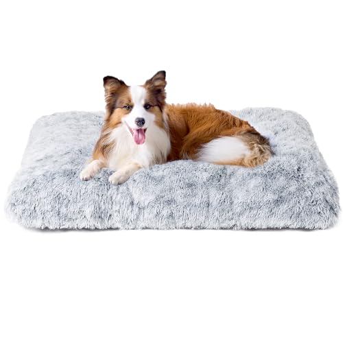 EHEYCIGA Flauschig Hundebett Mittelgroße Hunde, 90x60cm, Hundekissen Grosse Hunde Waschbar, Kuschelig rutschfest Hundematte mit Langem Plüsch, Grau