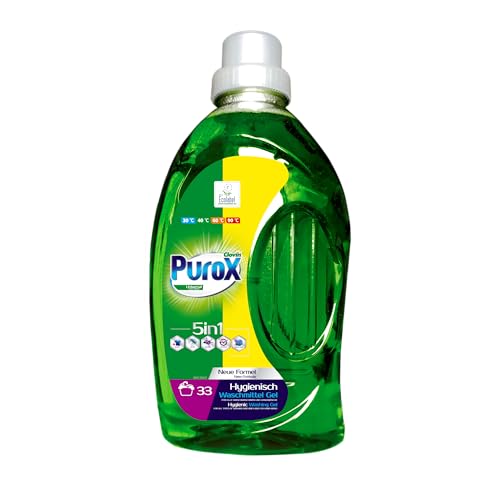 PUROX UNIVERSAL Flüssigwaschmittel (33 Waschladungen) – Gel für alle Textilien, entfernt Flecken, vollständig ausspülbar, umweltfreundlich, schützt vor Kalkablagerungen, 1 l