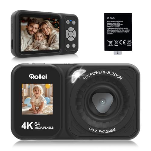 Rollei Compactline 64 Dual Screen Digitalkamera, 64MP 4K Fotoapparat mit Dual Display Kompaktes Fotokamera mit 18X Digitalem Zoom für Kinder Anfänger Schwarz, Digital-Kamera-Kompaktkamera-Fotoapparat