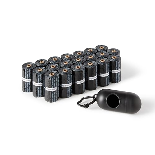 Amazon Basics Hundekotbeutel mit Spender und Leinenclip, Unparfümiert, 300 Beutel (20 Packungen mit je 15 Beuteln), Schwarz