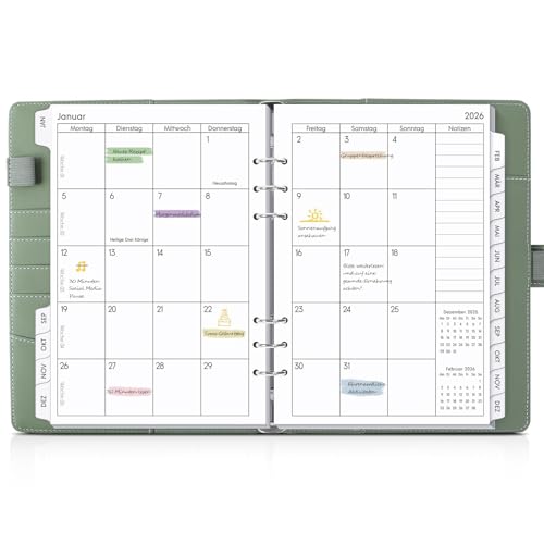 SKYDUE Kalender Ringbuch A5 Nachfüllbar,Ringbuch A5 Nachfüllbar, Planer 2026, Terminplaner 2026 Perfekt Für Schüler Und Berufstätige(Olivgrün)
