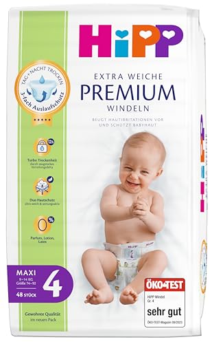 HiPP Extra Weiche Premium Windeln Größe 4 (Maxi, 9-14 kg), 96 Stück (2 Packungen mit 48), mit 3-fach Auslaufschutz und Duo Hautschutz