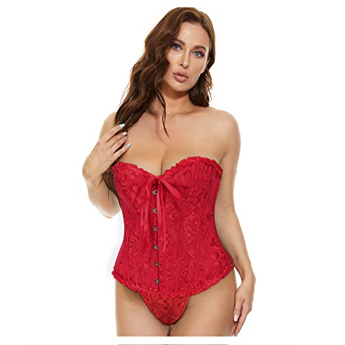 XZQTIVE Damen Bustier Korsett Spitze Up Boned Overbust Bustier Gothic Corsage Dessous Top,Rot,XS