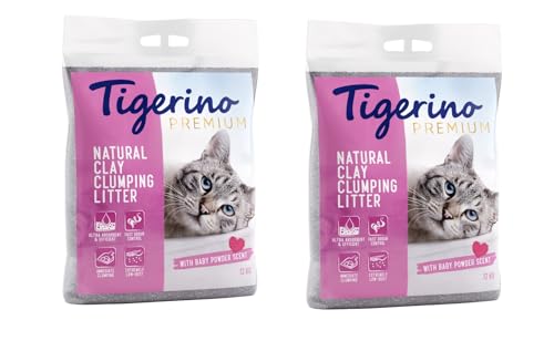 Tigerino Premium Katzenstreu, ergiebige Klumpstreu aus Naturton-Granulat: feinkörnig, schnelle und Starke Klumpenbildung, bindet Gerüche (2x12kg, Babypuder)