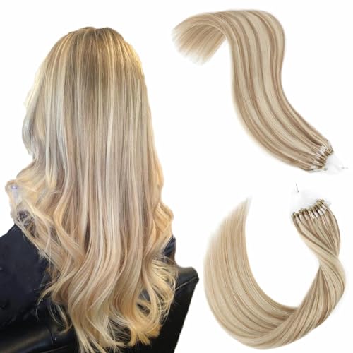 ABH AMAZINGBEAUTY HAIR Micro Loop Haarverlängerungen 40cm Haar Weiche Remy Haarverlängerungen Microringverlängerungen 50 Strähnen 50g Aschbraun Gemischt mit Platinblonden Microring Extensions Echthaar