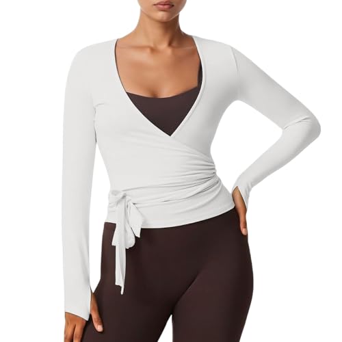 Blau Damen Y2k Ballett Wrap Top KurzarmTiefer V-Ausschnitt Slim Fit Yoga Pilates Ballet Workout Tops Sexy Blickdichter Wickeloberteil Weiches Bandage Shirt Wickelbluse Dancewear Tanzbekleidung