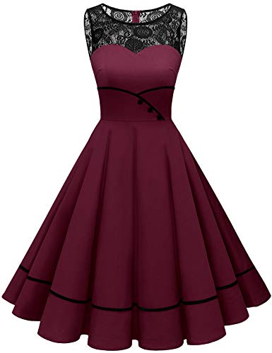 Bbonlinedress Rockabilly Kleider Damen Sommerkleid Abendkleider elegant für Hochzeit Spitzenkleid Cocktailkleid Burgundy L