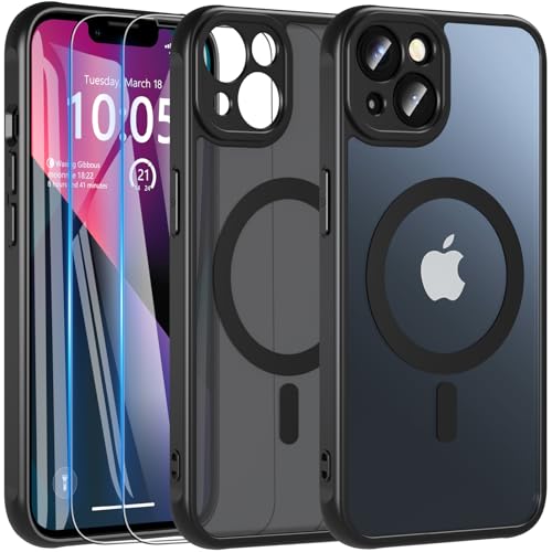 Hensinple für iPhone 13 Hülle für MagSafe [3 in 1] mit 2 Stück Panzer Schutz Glas, Magnetische Handyhülle Vollständiger Kameraschutz Stoßfest Matt Schutzhülle Case für iPhone 13 (Schwarz)