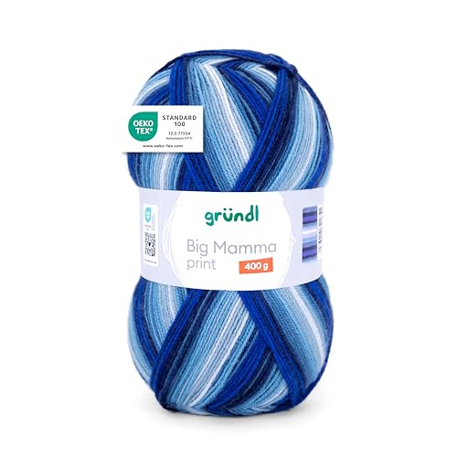 Gründl Wolle Big Mamma Print - XXL Wolle zum Stricken mit Farbverlauf - Weich und hautfreundlich - 100% Polyacryl - 1 Knäuel 400 g / 1040 m - Nadelstärke 3,5-4,5 - royalblau-jeans-himmelblau-weiß