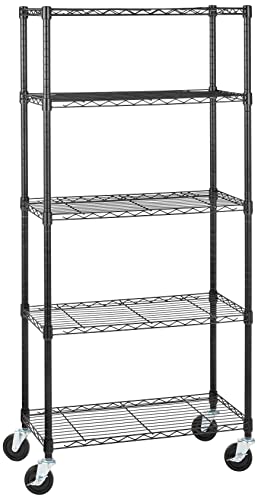 Amazon Basics Lagereinheit mit 5 Regalböden, auf 10,2 cm großen Rollen, mit höhenverstellbaren Einlegeböden und Nivellierfüßen, Maximalgewicht 680 kg, Schwarz, 35.6 x 76.2 x 162.2 cm (T x B x H)