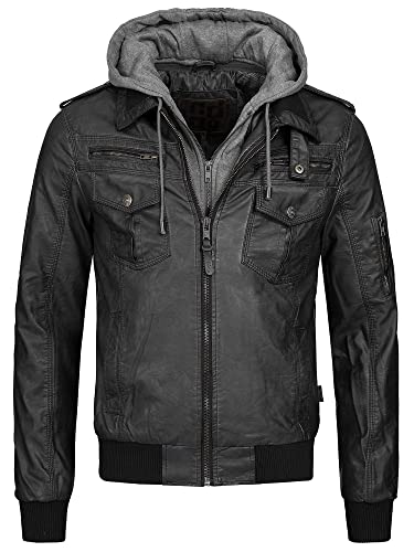 Indicode Herren Aaron Lederjacke mit abnehmbarer Kapuze | Kunstlederjacke Übergangsjacke Black L