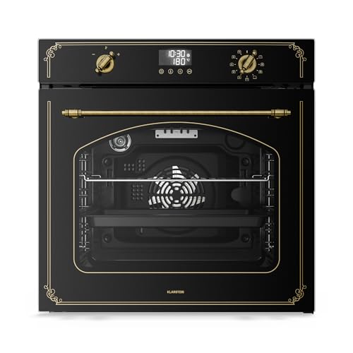 Klarstein Victoria Pyro Einbaubackofen 60 cm – 76L, Pyrolyse, 11 Funktionen, Retro Design, Energieklasse A, Timer, Einbau Backofen ohne Kochfeld, Vierfachverglasung, Emaille-Innenraum, Schwarz