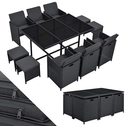 Juskys Polyrattan Sitzgruppe Baracoa XL 11-teilig wetterfest & stapelbar - 6 Stühle, 4 Hocker, Tisch mit Glasplatte & Kissen - 10 Personen - Gartenmöbel Set für Garten & Terrasse
