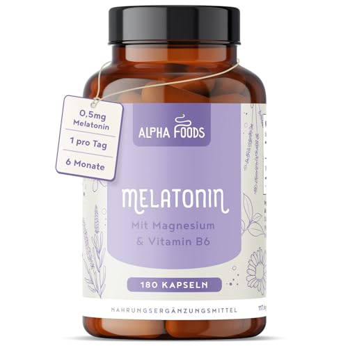 Melatonin Hochdosiert | 180 Kapseln | 0,5mg pro Kapsel | Mit Magnesium, Vitamin B6, Passionsblume & Kamille | Alternative zu Einschlafspray & Schlaftabletten | 100% vegan | Alpha Foods