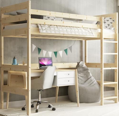 Interbeds Hochbett Holzbett Kinderbett 200x90cm mit Lattenrost ohne Matratze (Naturton, 200x90cm)