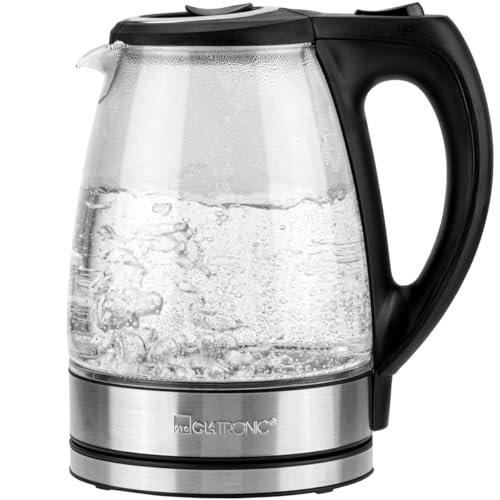 Clatronic® Wasserkocher Edelstahl 1,7 Liter | BPA frei | Glaswasserkocher | 2200W | Sicherheitsglas | Wasserstandsanzeige | mit Kabelaufwicklung | Kettle | Edelstahl Wasser kocher | WKS 3744 G