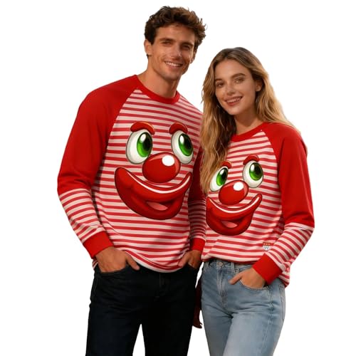 Ringelshirt für Herren Damen Karneval Kölner Clown Langarmshirt Rot Weiß Gestreiftes Oberteil Top Rundhals Langarm T-Shirt Lustig Köln Paar Sweatshirt Pullover Fasching Bluse Shirt (02 Rot, L)