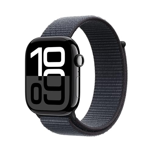 Apple Watch Series 10 (GPS + Cellular 46 mm) Smartwatch mit Aluminiumgehäuse in Diamantschwarz und Sport Loop in Tinte (One Size). Fitnesstracker, EKG App, Always-On Retina Display, CO₂ neutral