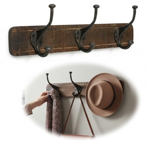 LS-LebenStil Nachhaltige Vintage Teakholz Wandgarderobe 3 Haken 45cm Braun Garderobenleiste 3-fach Doppelhaken - Stabile Gusseisen Garderobenhaken Kleiderhaken Hakenleiste Mäntel Jacken