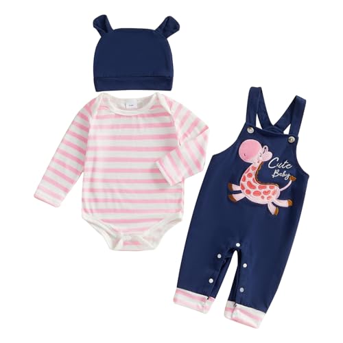 Beauace 3tlg Baby Mädchen Kleidung Langarm Gestreiftes Strampler + Latzhose mit Giraffenmuster + Babyhut Outfit Niedliche Bekleidungsset (Rosa, 9-12 Monate)