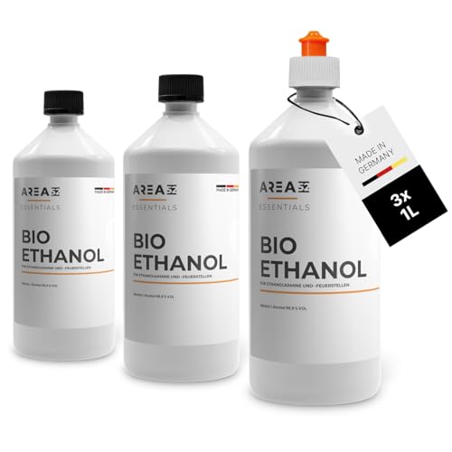 Area52 – Bioethanol 3x1L Set Ethanol – Reiner Ethylalkohol mit 96,6% Reinheitsgrad – Für Ethanolkamine, Tischkamine & Bioethanol-Feuerstellen – Geruchslos & rußfrei – Für Indoor & Outdoor (3 x 1L)
