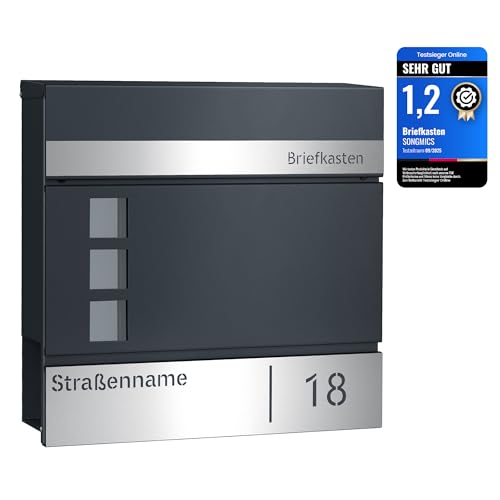 SONGMICS Briefkasten personalisiert, lasergraviertes Namensschild und Hausnummernschild, Postkasten, Zeitungsfach, V-förmiges Sichtfenster, Schloss, modern, anthrazit-silbern GMB081G01