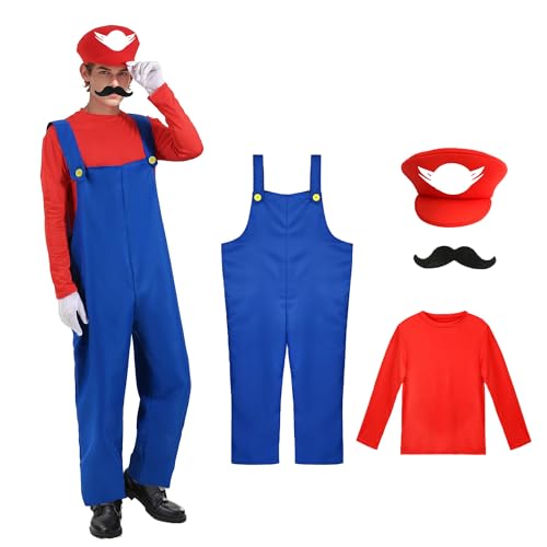 WVWMYM Mario Kostüm Erwachsene, Klempner Faschingskostüme Männer mit Bodysuit, Mario Kostüm Herren Damen, Marios Mütze und Schnurrbart, Karneval Cosplay Karneval Kostüms Herrens Damen