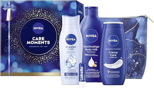 NIVEA Care Moments Geschenkset, Geschenk für Frauen, Geschenkbox mit Duschgel (250 ml), Shampoo (250 ml), Body Lotion (400 ml), Labello Lippenpflege (4,8 g) und Kulturtasche