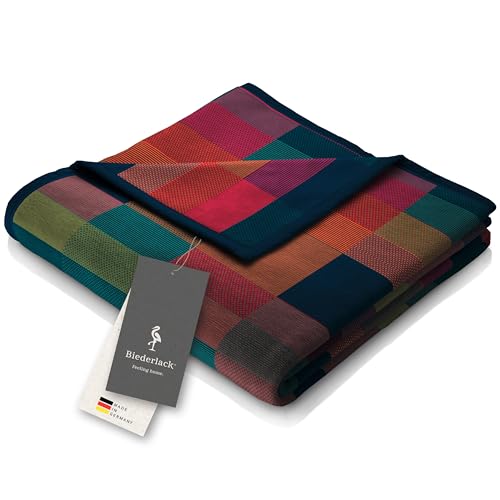biederlack® flauschig-weiche Kuscheldecke aus Baumwollmischgewebe I Made in Germany I nachhaltig produziert I Bunte Wohndecke „Color Squares Blue“ in grün-blau I Öko-Tex I Sofa-Decke 150x200cm