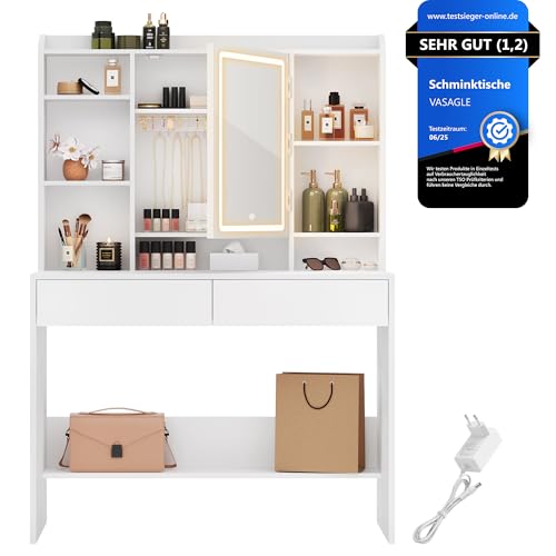 VASAGLE Kailyn Kollektion - Schminktisch mit LED-Beleuchtung, 3 Farben mit Einstellbarer Helligkeit, Frisiertisch mit Spiegel, mit verstellbaren Ablagen, 2 Schubladen, weiß RDT123T14