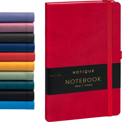 NOTIQUE Notizbuch Liniert, Hardcover Notizbuch, Notizheft, Journal, Tagebuch mit Gummiband und Stifthalter 13x21cm, 192 Seiten (Rot, Liniert)
